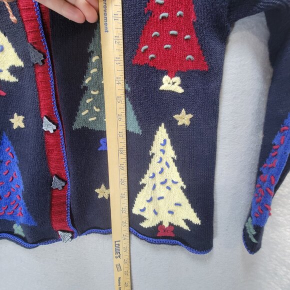 Vintage Christmas Cardigan Sweater Womens L 3D Hand Embroidered Trees Buttons - Picture 13 of 15